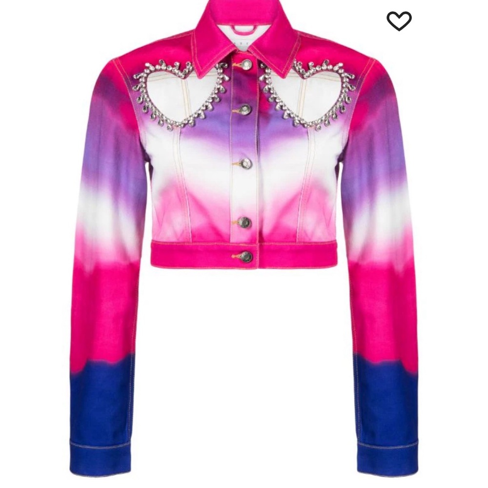 AREA Crystal Heart Cropped Cutout Denim Jacket